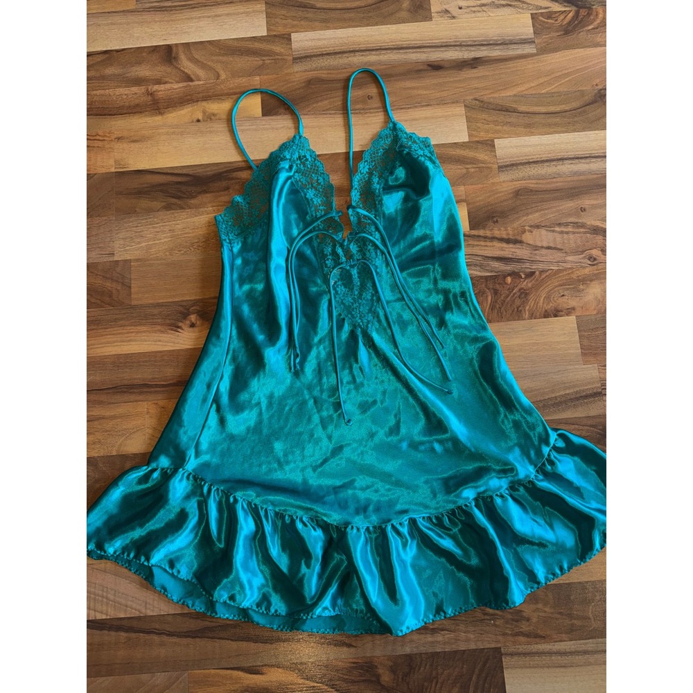 Feather Bed Intimate Chemise Womens‎ S Teal Satin Lace Ruffle Nightgown top